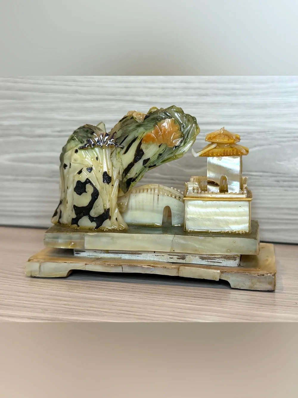 Vintage Chinese Mother of Pearl Carving Shell Pagoda Miniature Diorama Sculpture